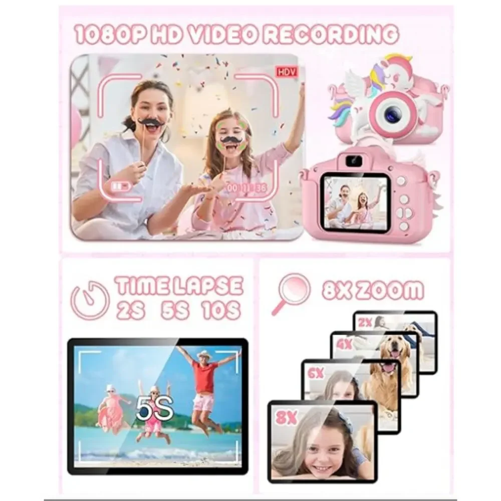 Kids Camera 1080P HD Video Camera with 32GB Card -Unicorn Pink